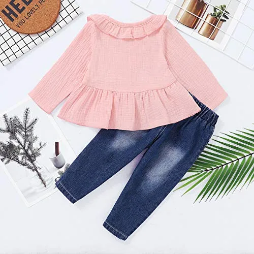 2T Girls Clothes Kids Toddler Girl Outfits Linen Long Sleeve Ruffle Shirt Blue Ripped Denim Jeans Pants Set Cute Clothes for Girl 2 3Yr Old