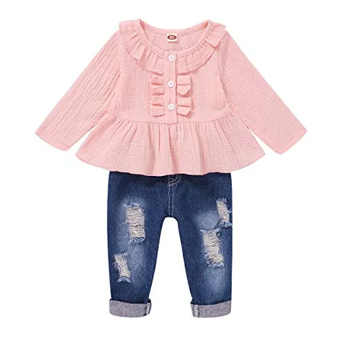 2T Girls Clothes Kids Toddler Girl Outfits Linen Long Sleeve Ruffle Shirt Blue Ripped Denim Jeans Pants Set Cute Clothes for Girl 2 3Yr Old