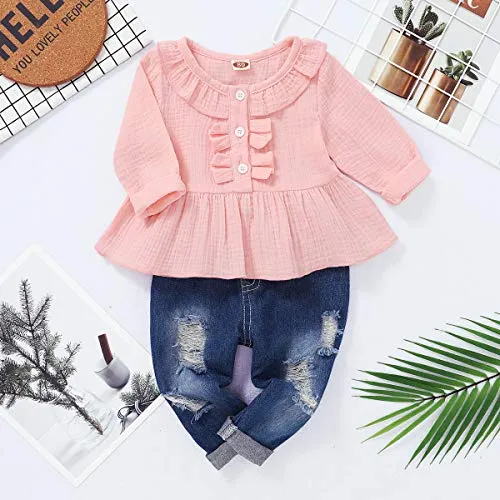 2T Girls Clothes Kids Toddler Girl Outfits Linen Long Sleeve Ruffle Shirt Blue Ripped Denim Jeans Pants Set Cute Clothes for Girl 2 3Yr Old