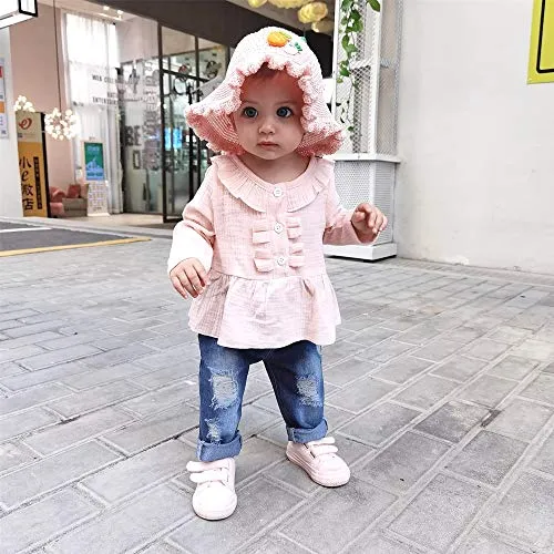 2T Girls Clothes Kids Toddler Girl Outfits Linen Long Sleeve Ruffle Shirt Blue Ripped Denim Jeans Pants Set Cute Clothes for Girl 2 3Yr Old