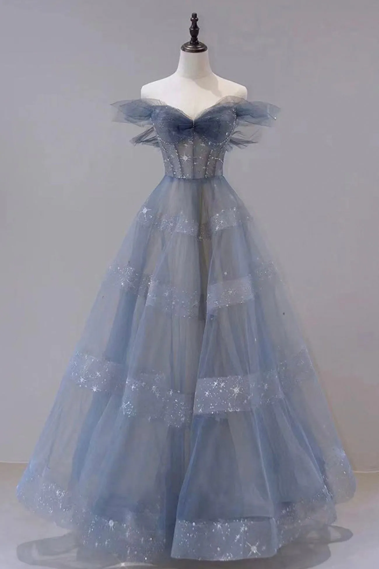 A-Line Off Shoulder Layers Tulle Long Evening Dress, Blue Formal Dress