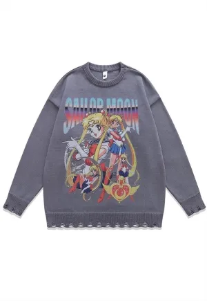 Anime sweater knitted distressed jumper in grey