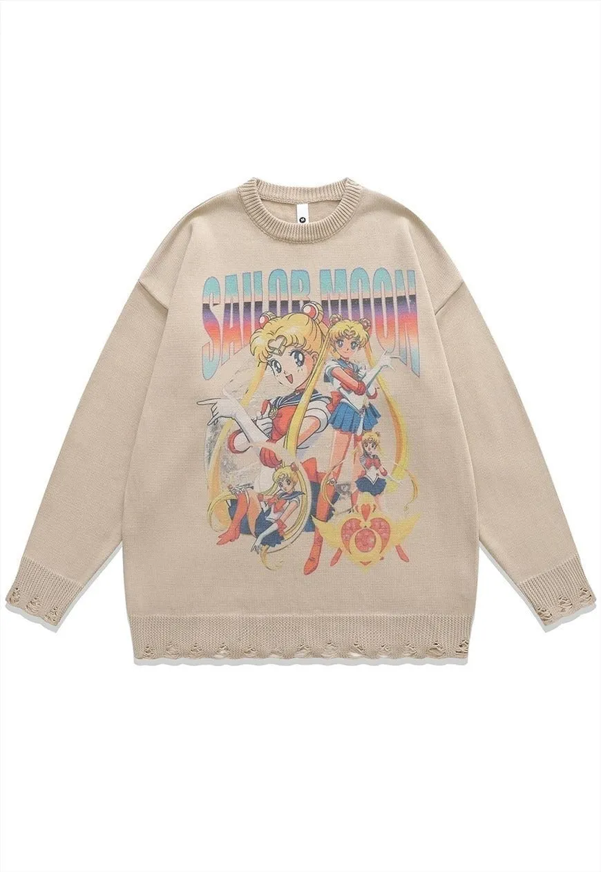 Anime sweater knitted distressed jumper in grey