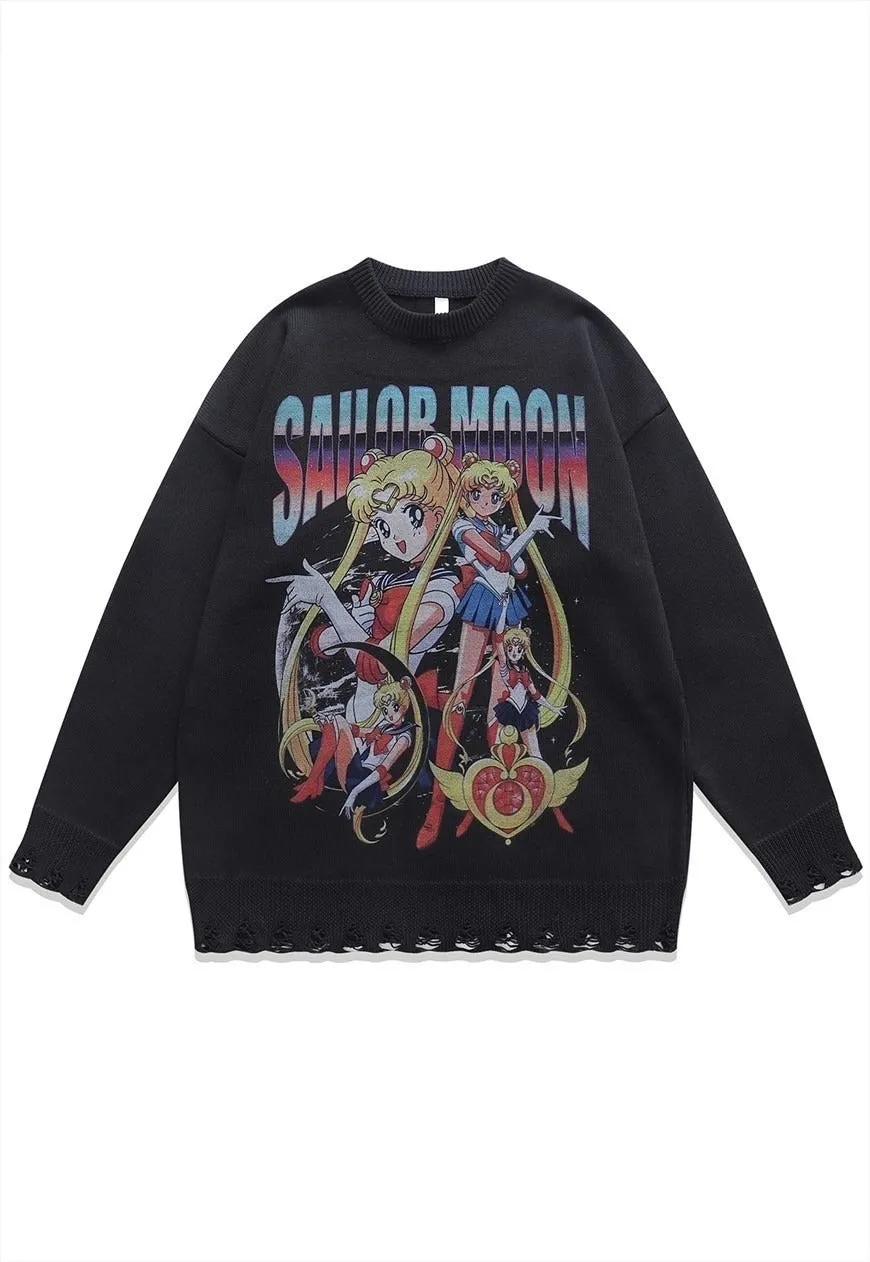 Anime sweater knitted distressed jumper in grey