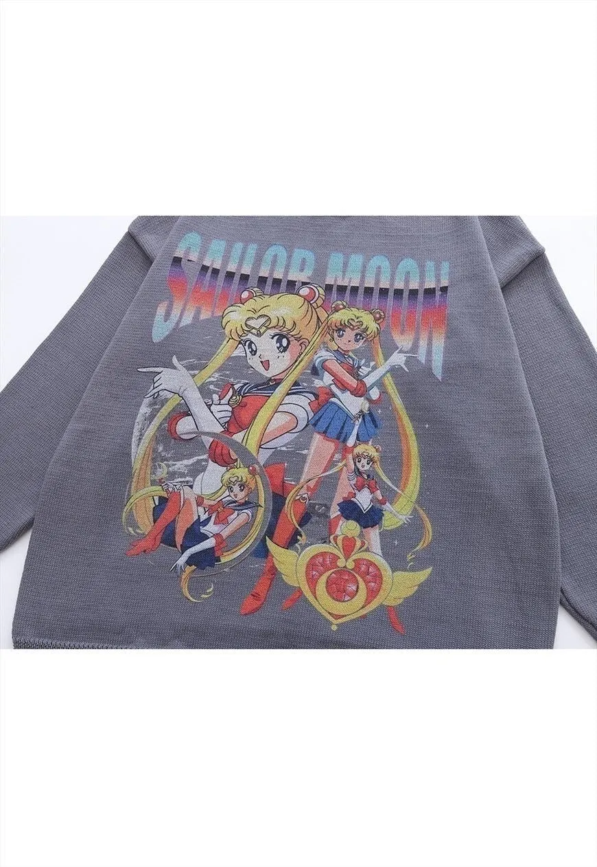 Anime sweater knitted distressed jumper in grey