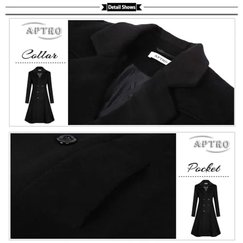 APTRO Women's Winter Long Wool Dress Coat Double Breasted Vintage Coat WS02 Black XS