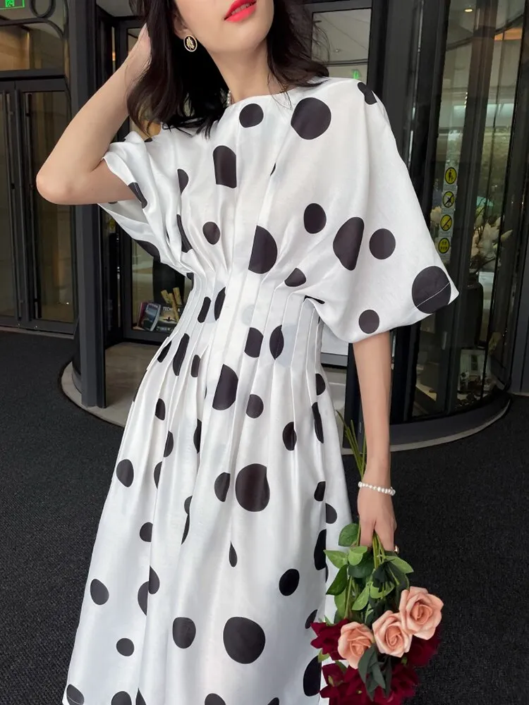 Batwing Sleeve High Waist Dot Dress