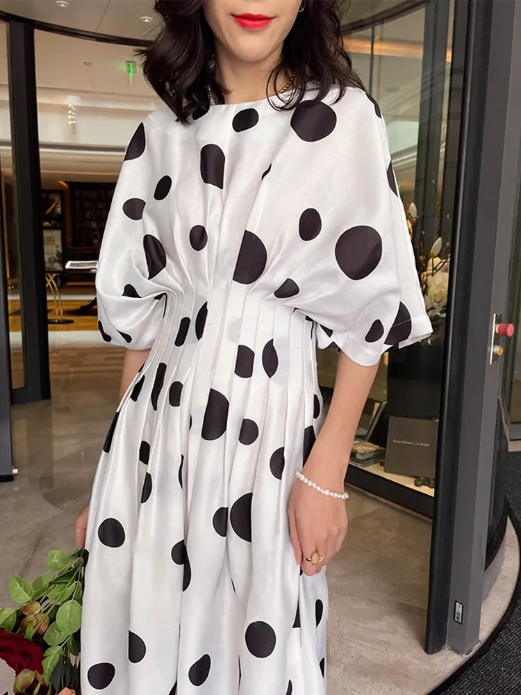 Batwing Sleeve High Waist Dot Dress