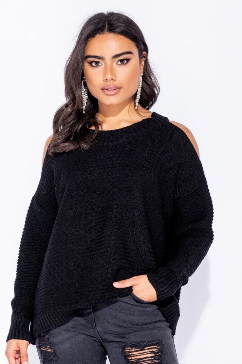 Black Cold Shoulder Round Neck Jumper