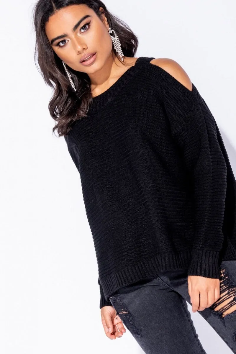 Black Cold Shoulder Round Neck Jumper