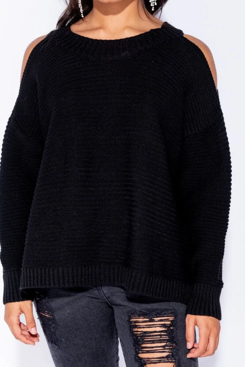 Black Cold Shoulder Round Neck Jumper