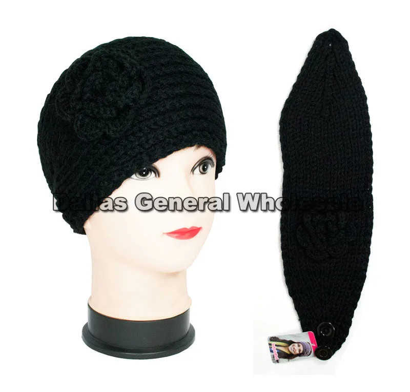 Black Color Flower Knitted Winter Fashion Headbands Wholesale