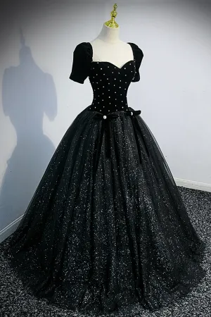 Black Velvet Tulle Long Ball Gown, Black A-Line Formal Evening Gown