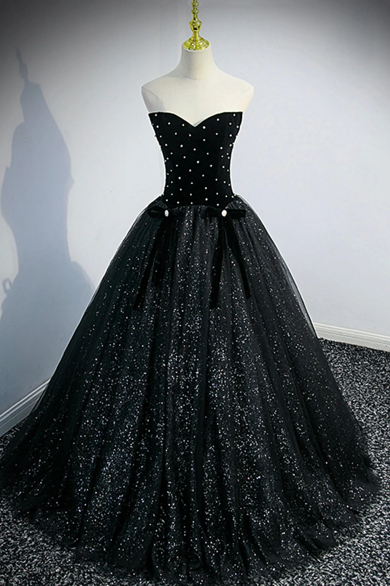 Black Velvet Tulle Long Ball Gown, Black A-Line Formal Evening Gown