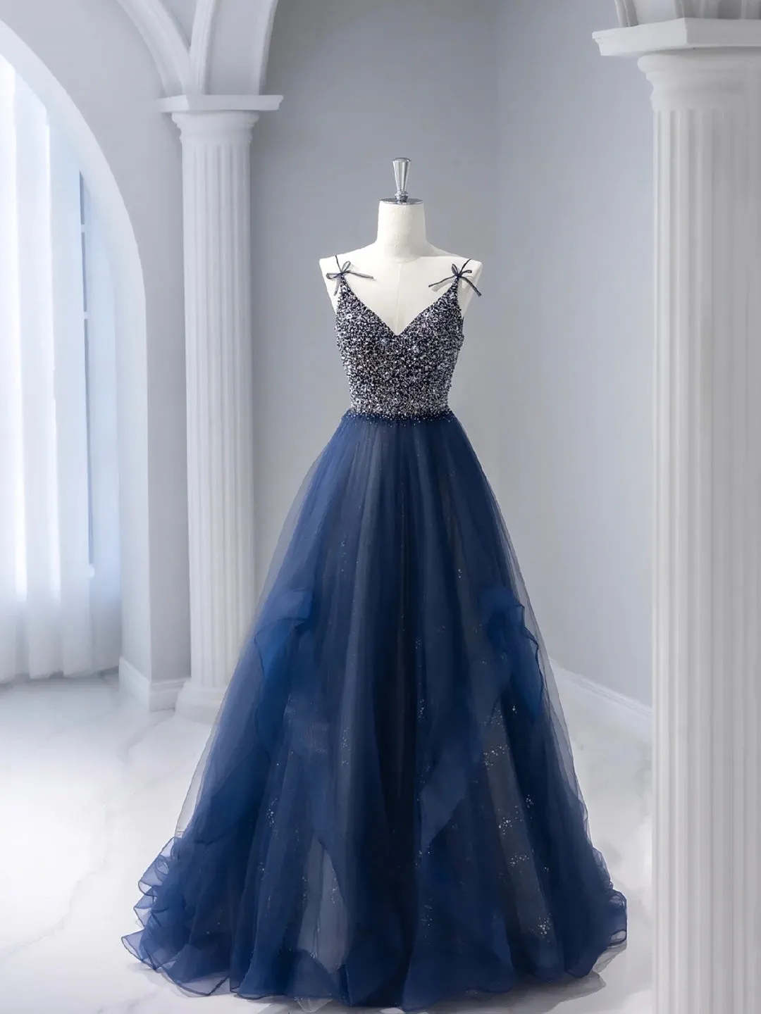 Blue Tulle Beaded Long Prom Dress, A-Line Spaghetti Strap Formal Evening Dress