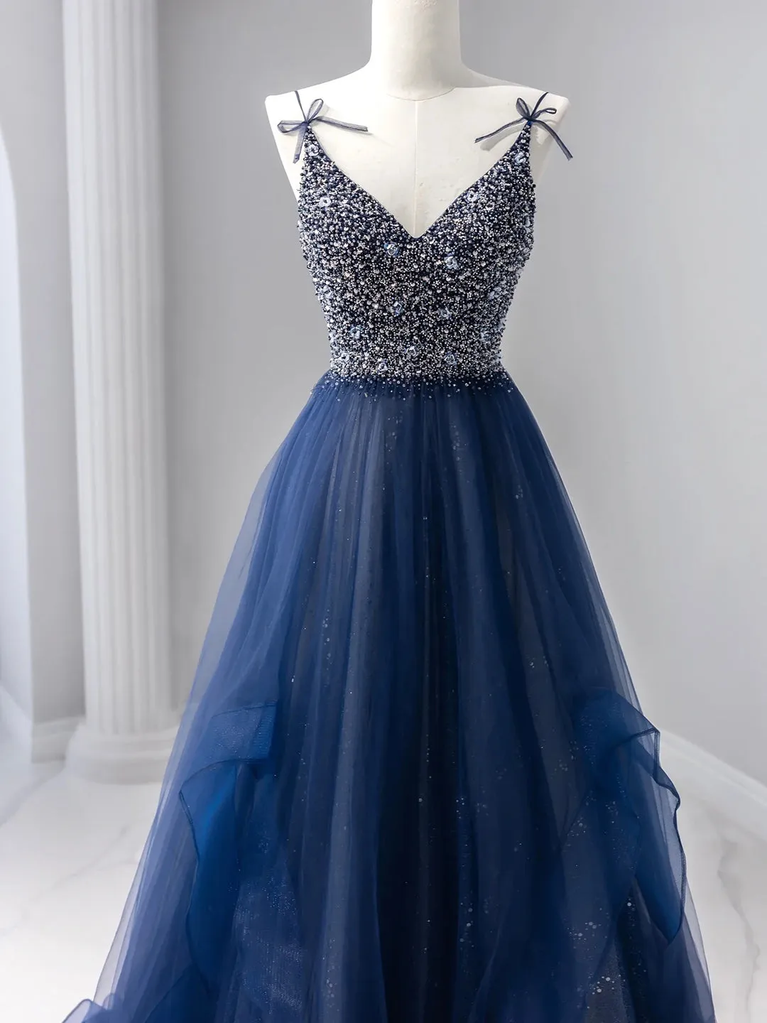 Blue Tulle Beaded Long Prom Dress, A-Line Spaghetti Strap Formal Evening Dress