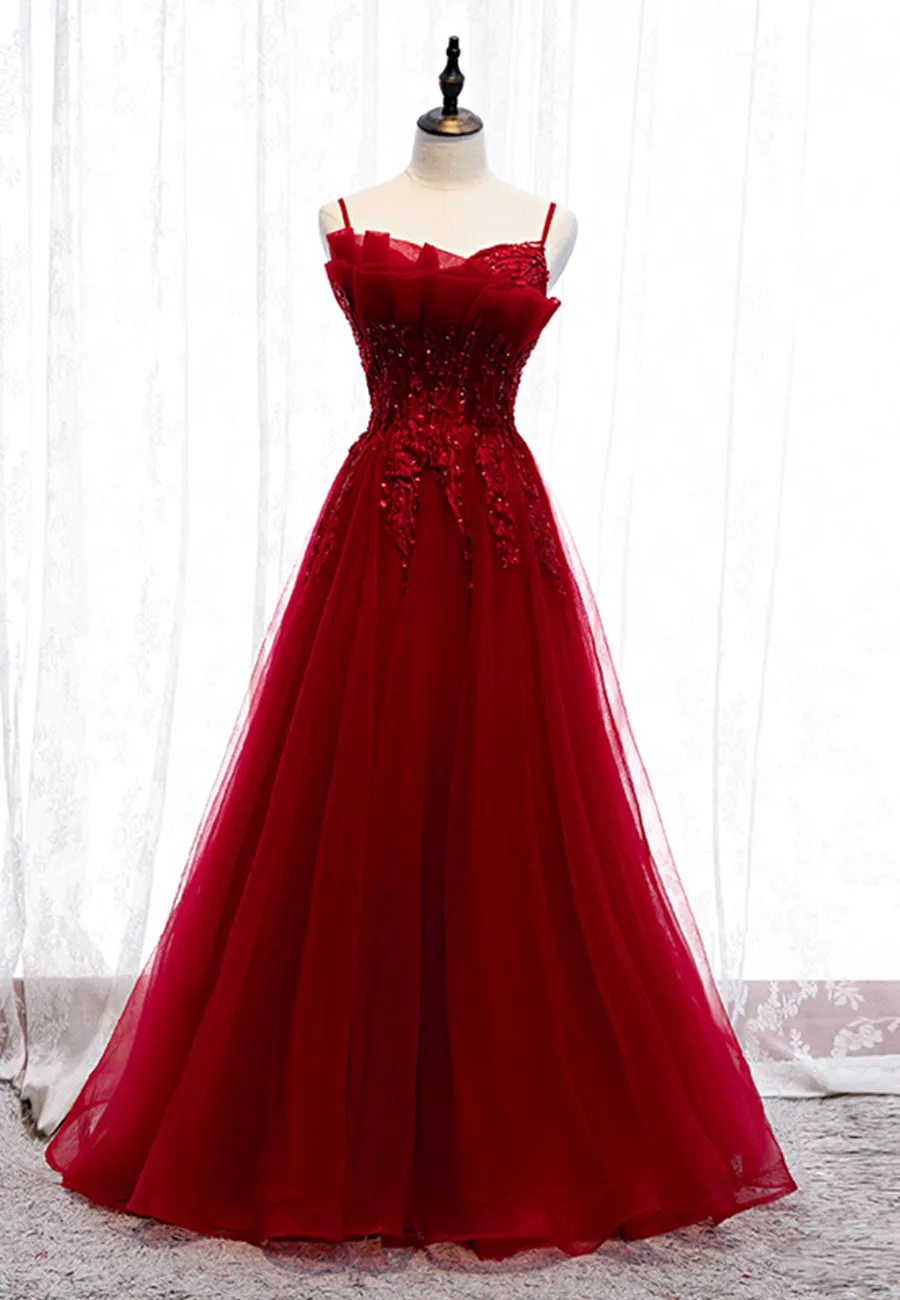 Burgundy Lace Long Prom Dresses, A-Line Spaghetti Strap Evening Dresses