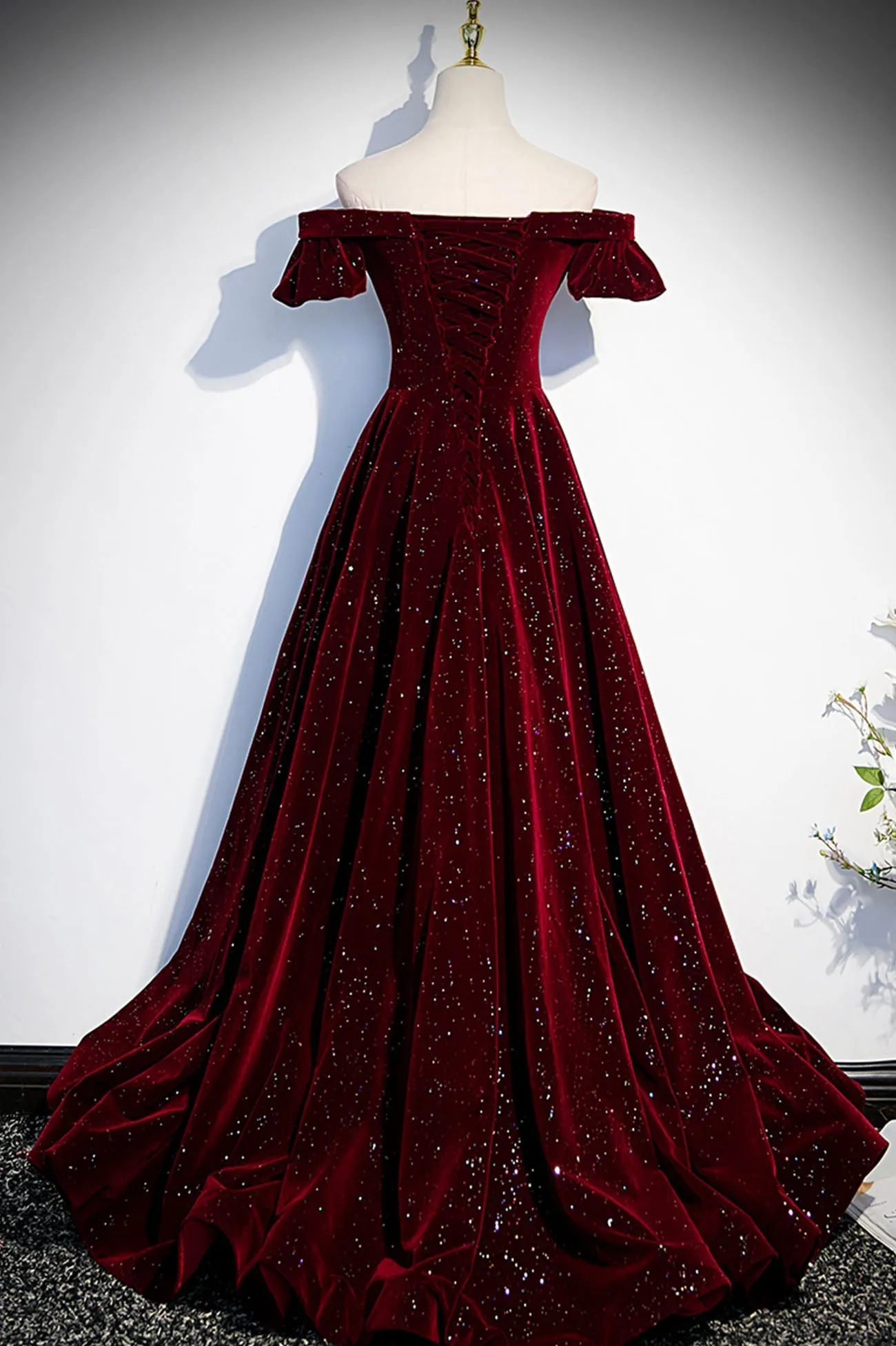 Burgundy Velvet Long Prom Dress, A-Line Off the Shoulder Evening Dress