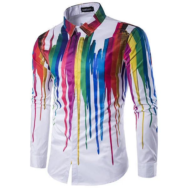 Casual Business Korean Style Personality 3D Splash Ink Printing Long Sleeve Dress Shirts for Men