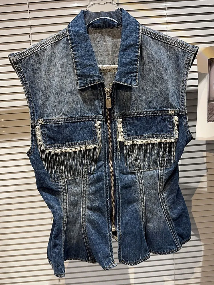 Casual Denim Waistcoats For Women Lapel Sleeveless Patchwork Pocket Spliced Tassel Chic Waistcoat Female Clothing