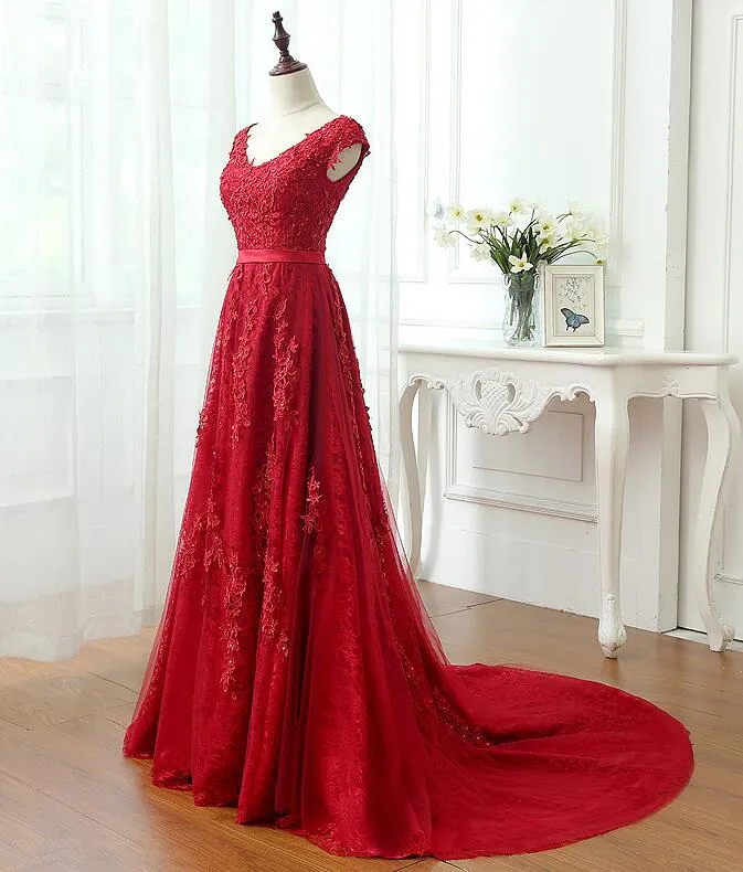 Charming Dark Red Lace A-line Long Prom Dress, Red Evening Gown