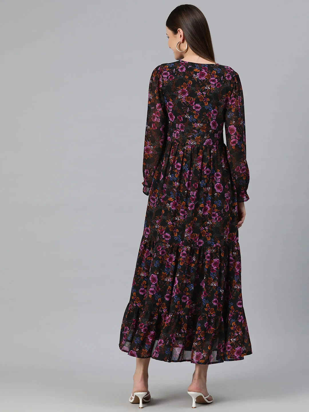 Cottinfab Women Floral Print Bell Sleeve Georgette A-Line Maxi Dress