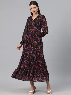 Cottinfab Women Floral Print Bell Sleeve Georgette A-Line Maxi Dress