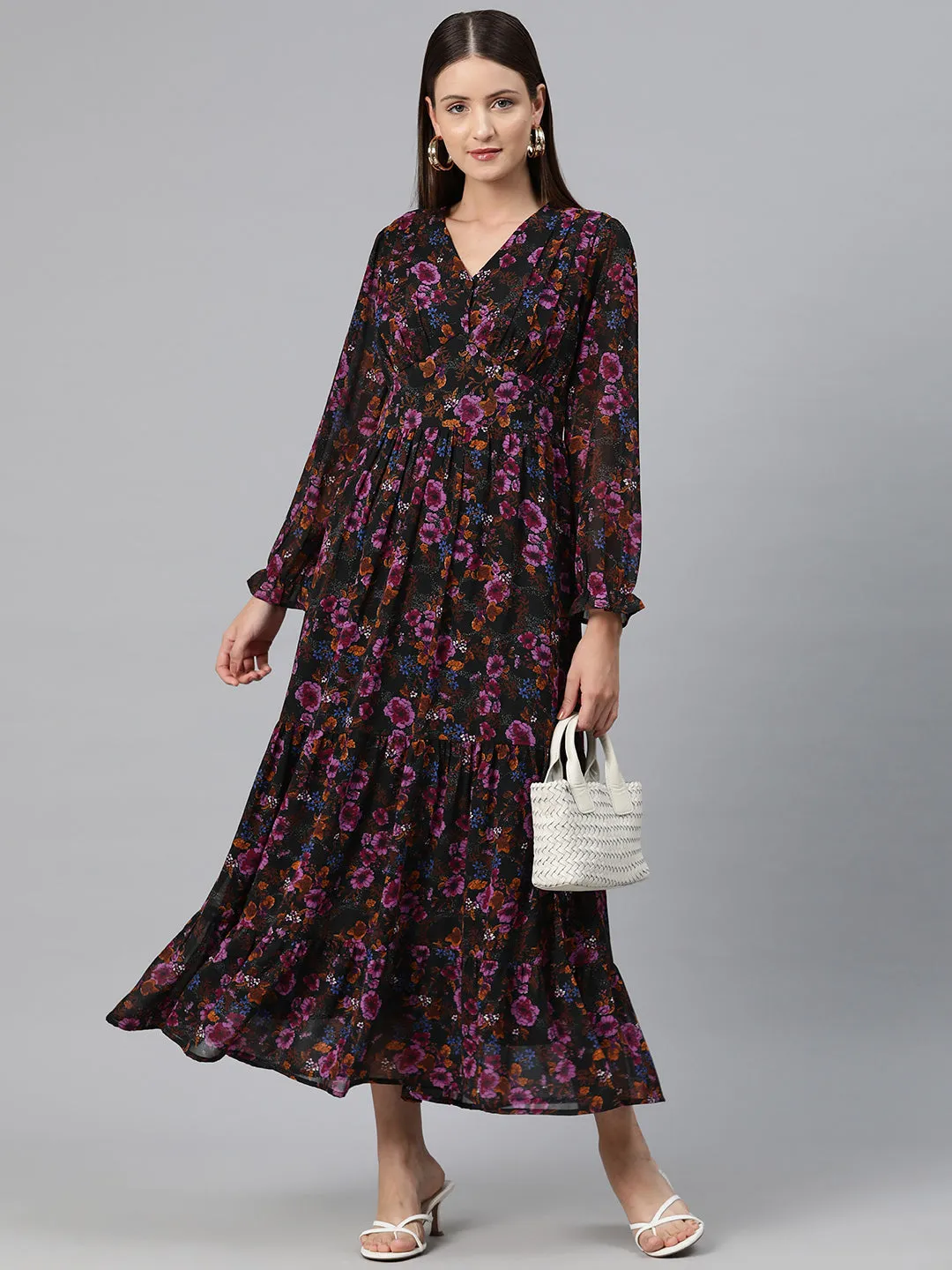 Cottinfab Women Floral Print Bell Sleeve Georgette A-Line Maxi Dress