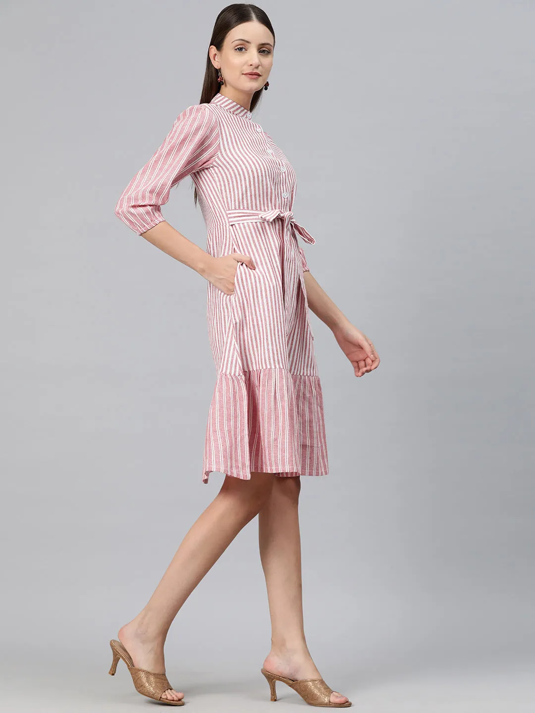 Cottinfab Women Striped Puff Sleeve A-Line Dress