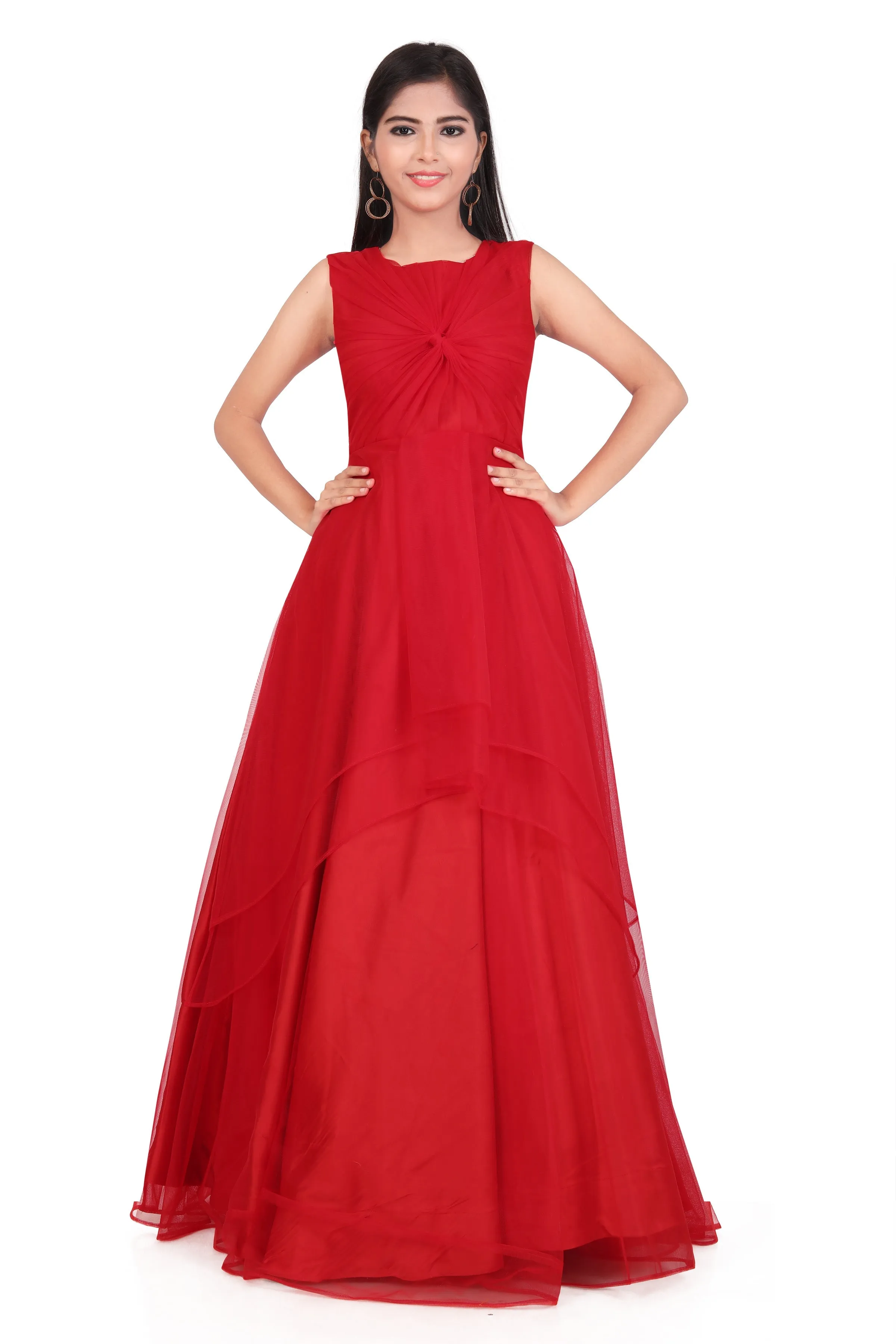 Girls Red Embellished Bow Net Gown Dress Kids