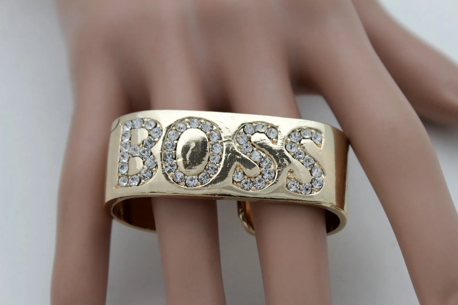 Gold Metal BOSS 2 Fingers Silver Rhinestones Wide Band Ring Women Trendy