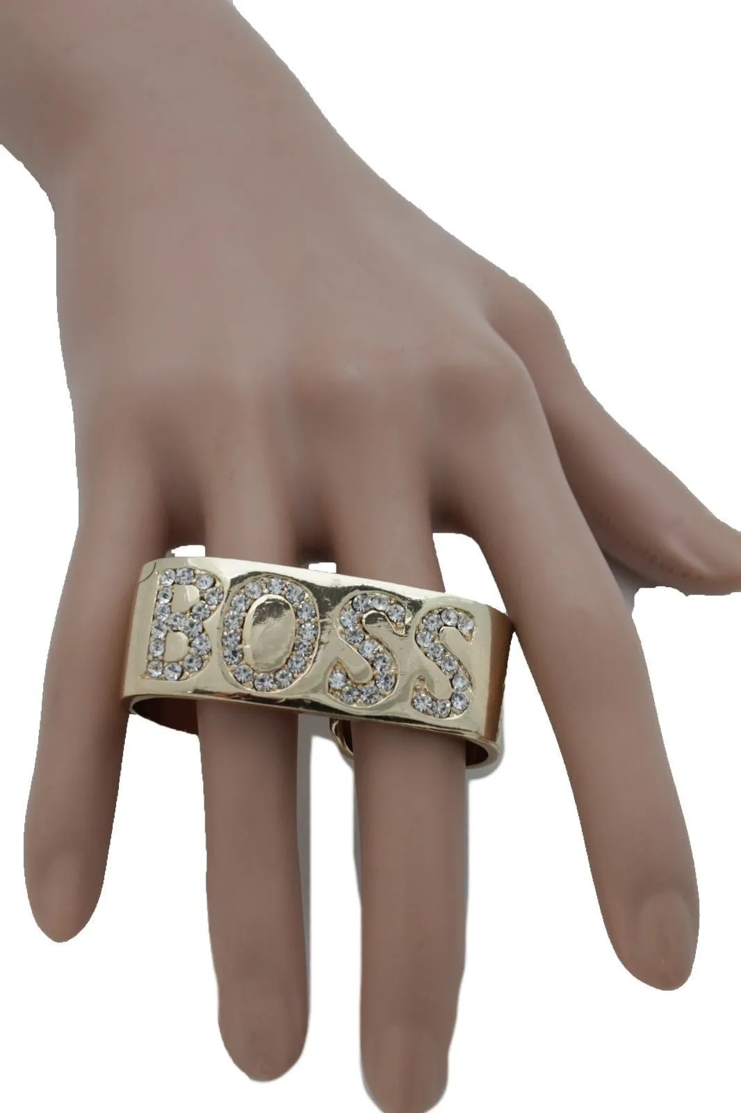 Gold Metal BOSS 2 Fingers Silver Rhinestones Wide Band Ring Women Trendy