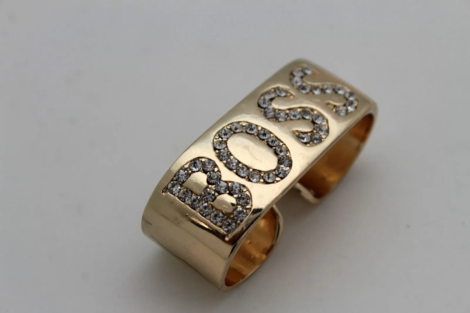 Gold Metal BOSS 2 Fingers Silver Rhinestones Wide Band Ring Women Trendy