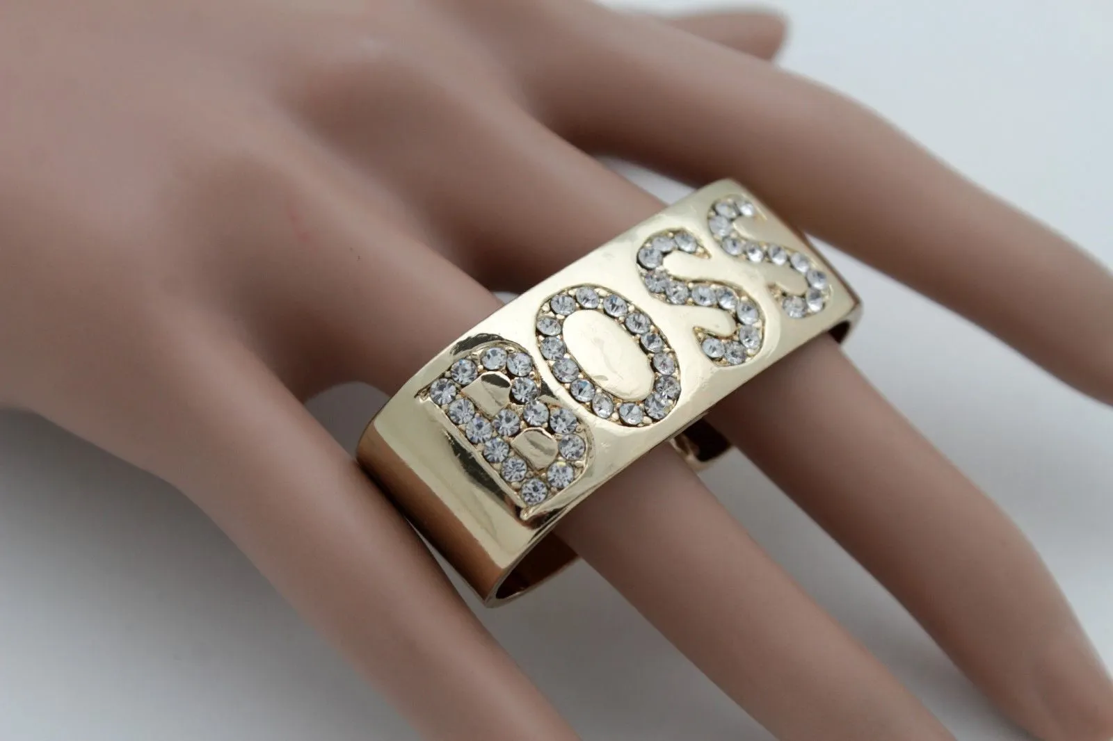 Gold Metal BOSS 2 Fingers Silver Rhinestones Wide Band Ring Women Trendy