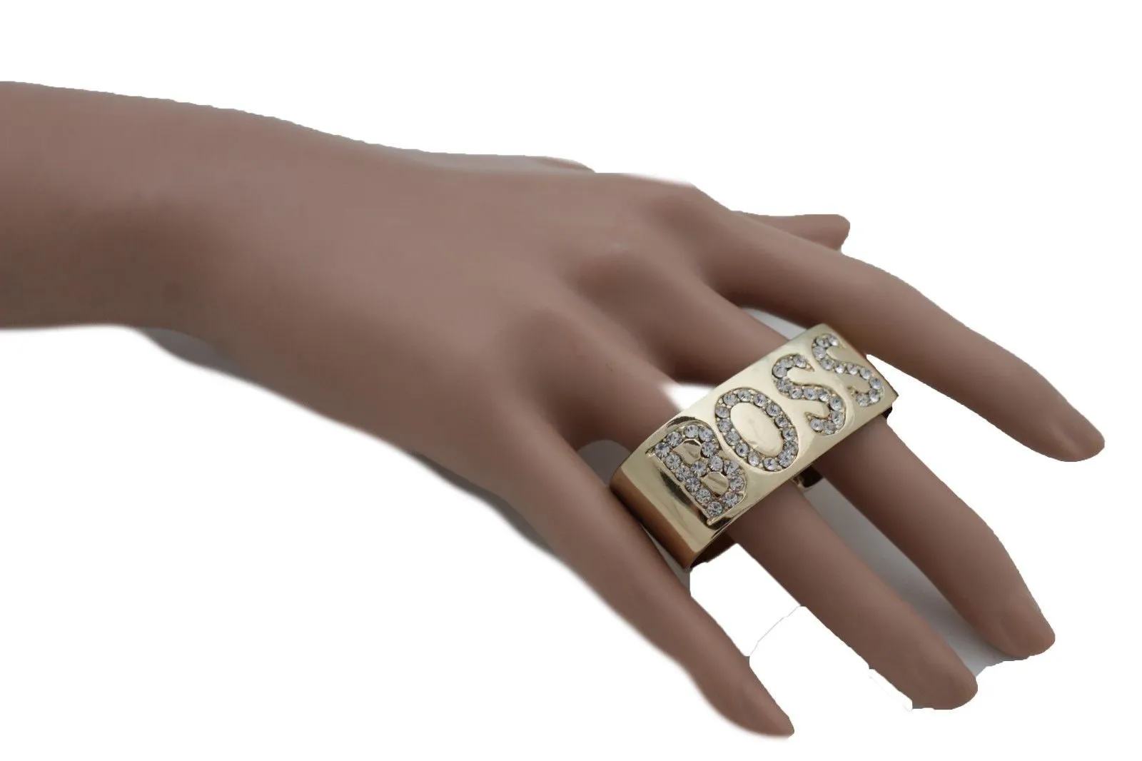 Gold Metal BOSS 2 Fingers Silver Rhinestones Wide Band Ring Women Trendy