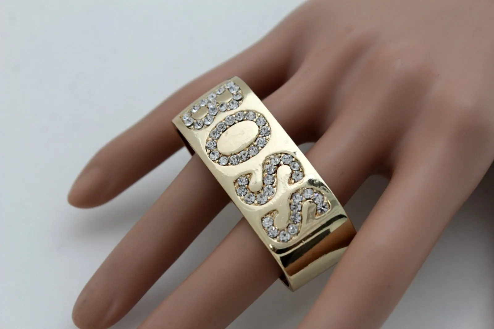 Gold Metal BOSS 2 Fingers Silver Rhinestones Wide Band Ring Women Trendy