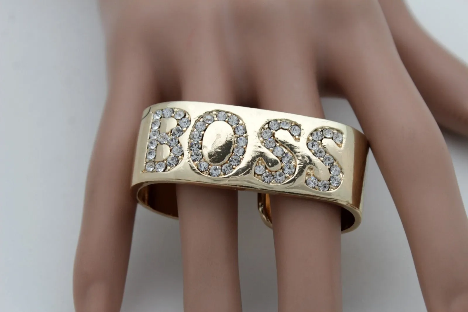 Gold Metal BOSS 2 Fingers Silver Rhinestones Wide Band Ring Women Trendy