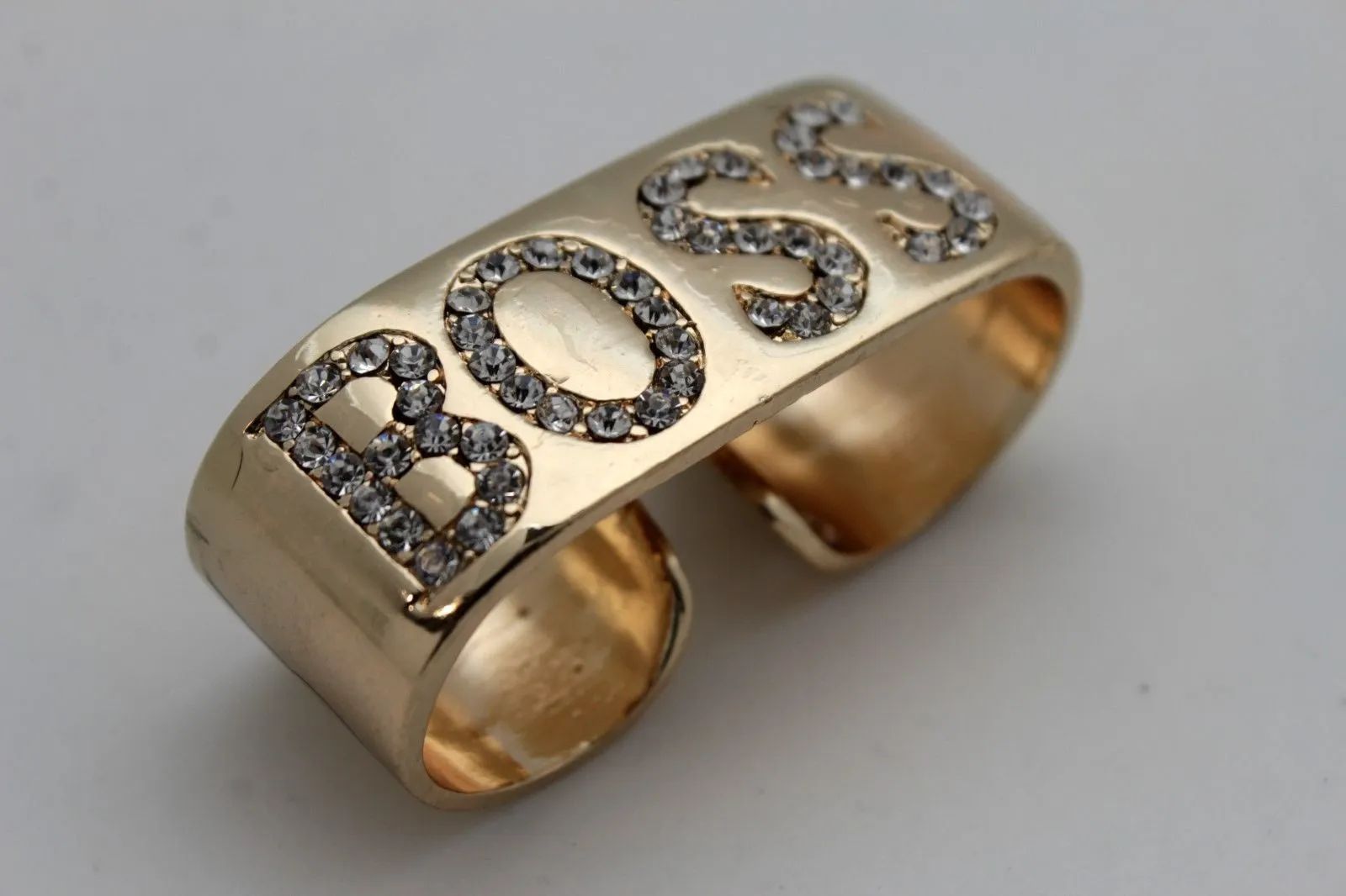 Gold Metal BOSS 2 Fingers Silver Rhinestones Wide Band Ring Women Trendy