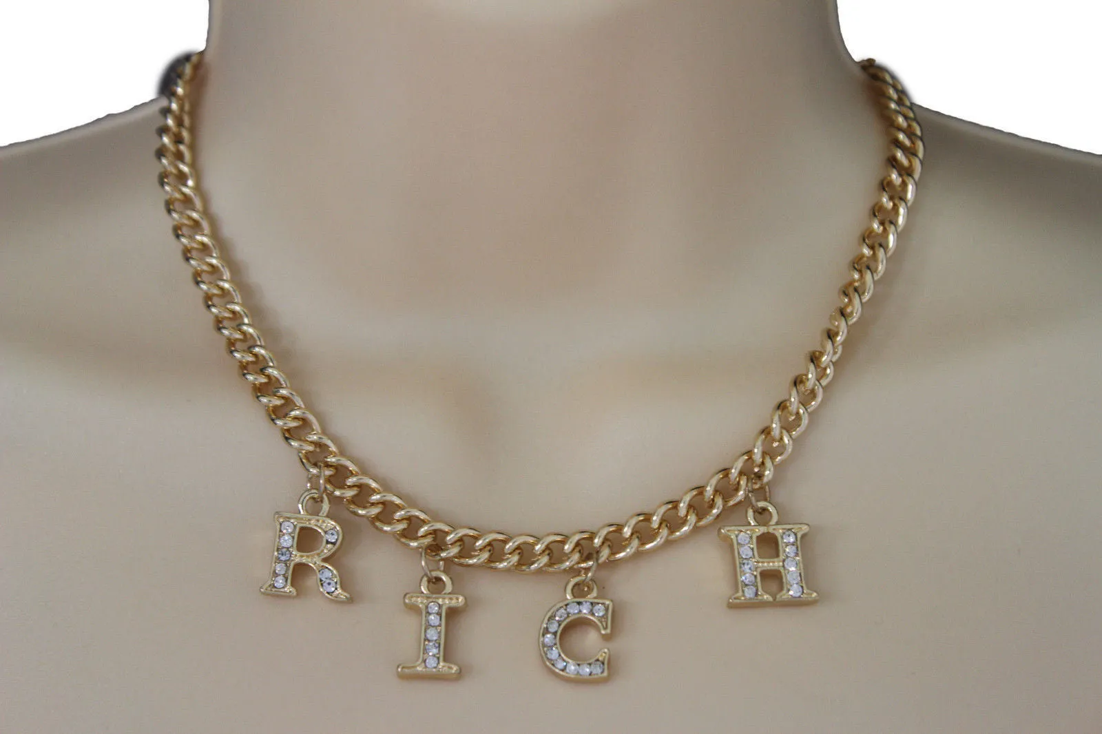 Gold Metal Chain RICH Letters Pendant Short Necklace