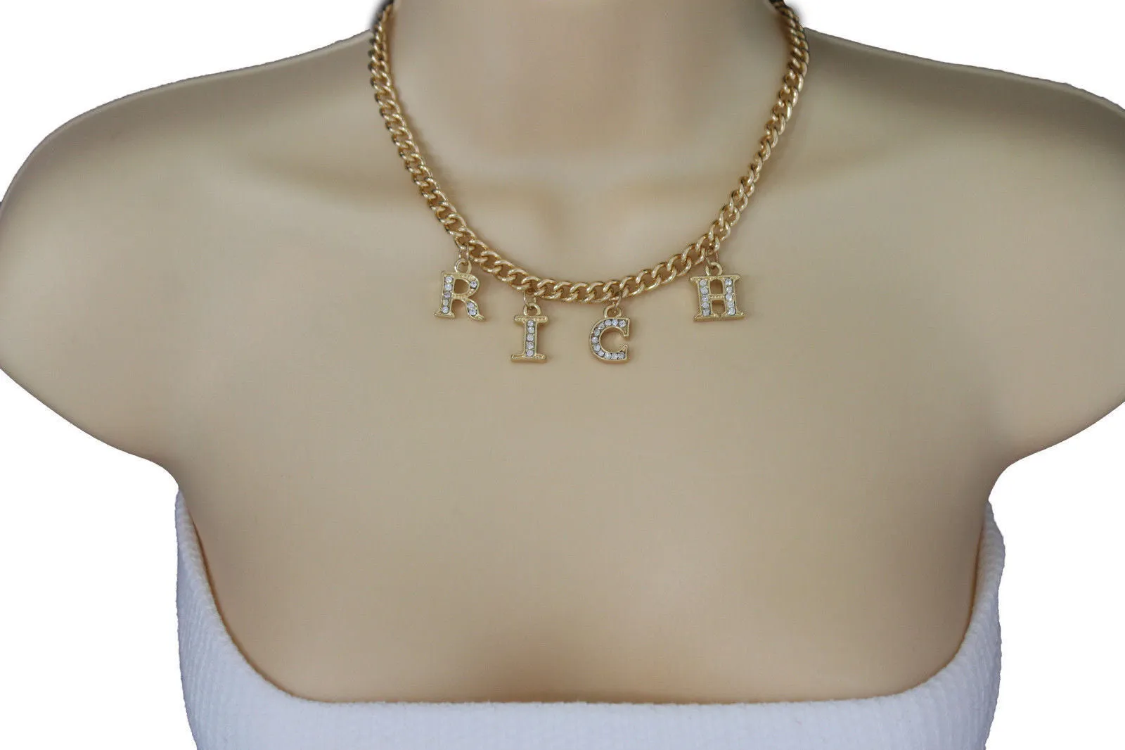 Gold Metal Chain RICH Letters Pendant Short Necklace