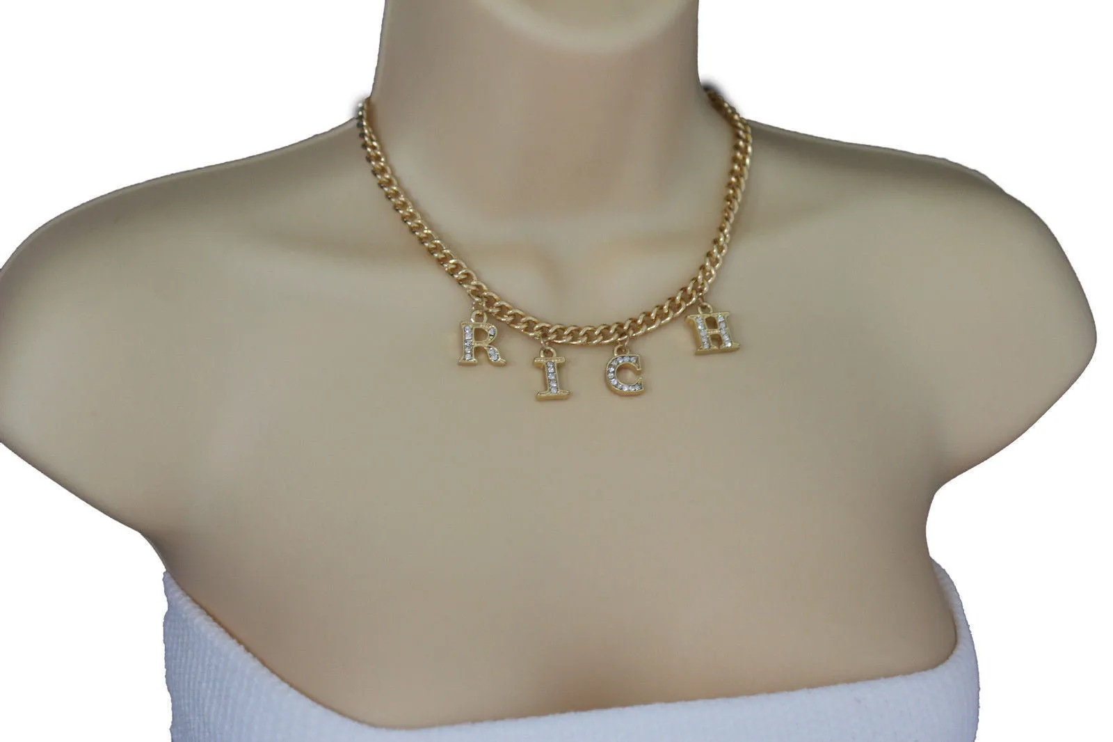 Gold Metal Chain RICH Letters Pendant Short Necklace