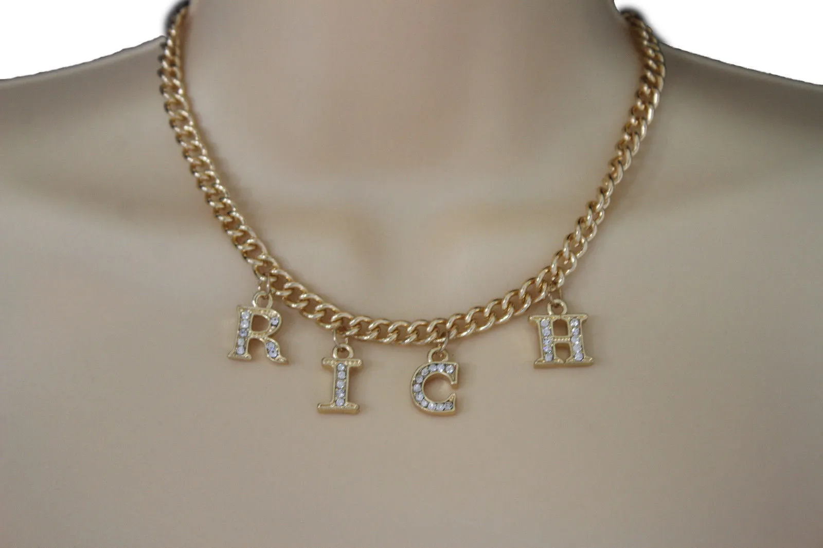 Gold Metal Chain RICH Letters Pendant Short Necklace