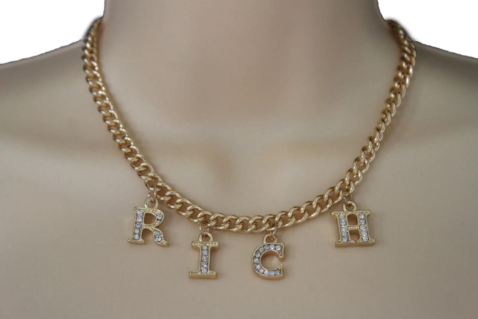 Gold Metal Chain RICH Letters Pendant Short Necklace