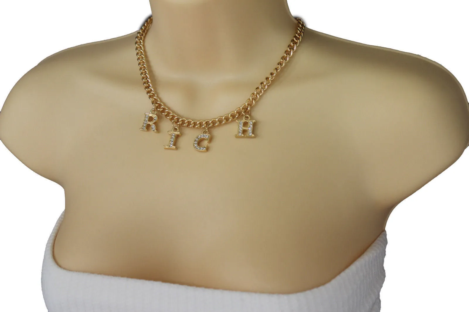 Gold Metal Chain RICH Letters Pendant Short Necklace