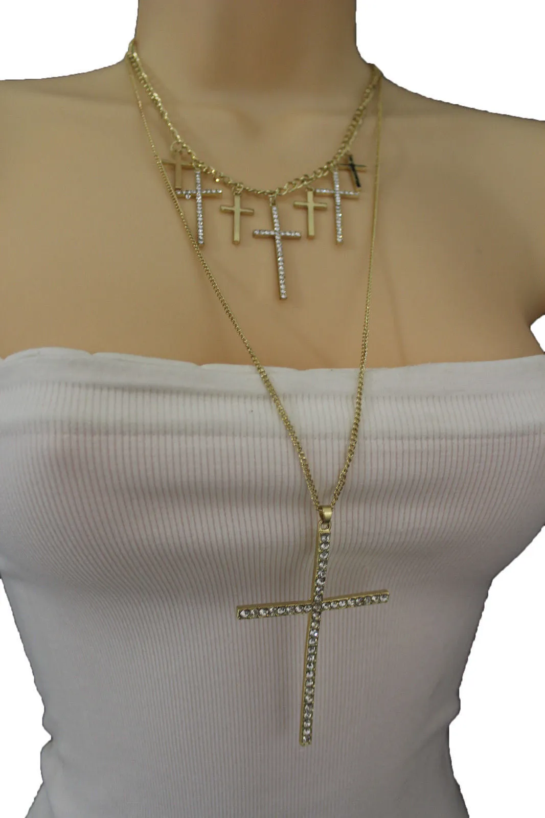 Gold Metal Chains Big Small Crosses Pendant Charm Sexy Necklace