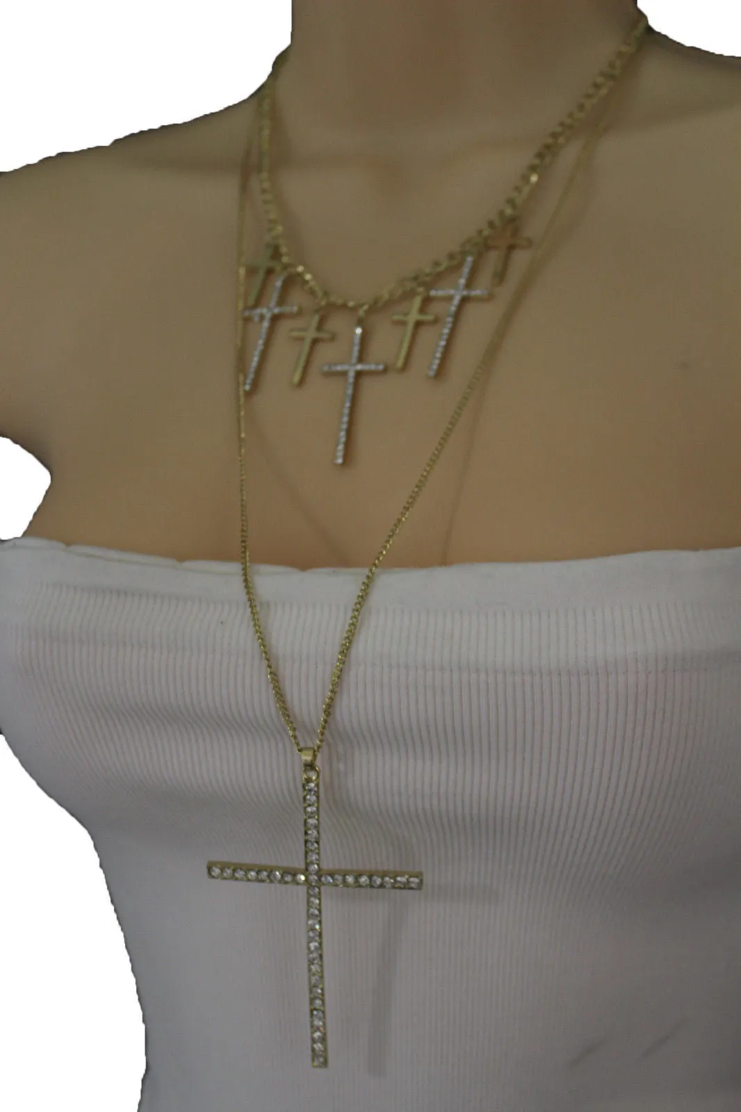 Gold Metal Chains Big Small Crosses Pendant Charm Sexy Necklace