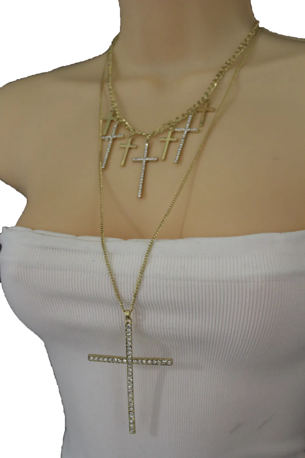 Gold Metal Chains Big Small Crosses Pendant Charm Sexy Necklace