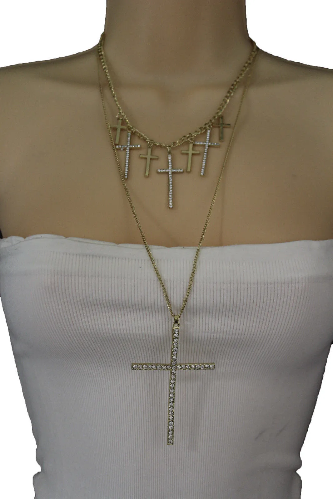 Gold Metal Chains Big Small Crosses Pendant Charm Sexy Necklace