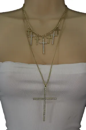 Gold Metal Chains Big Small Crosses Pendant Charm Sexy Necklace