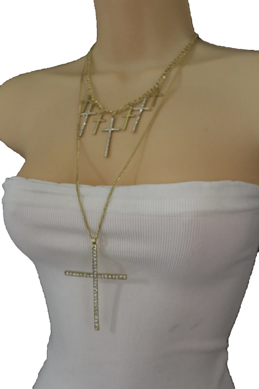 Gold Metal Chains Big Small Crosses Pendant Charm Sexy Necklace